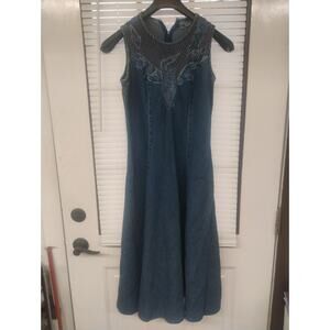 VTG 90s Styleworks Denim Maxi Babydoll Dress Crochet Mesh Country Boho Sz 8